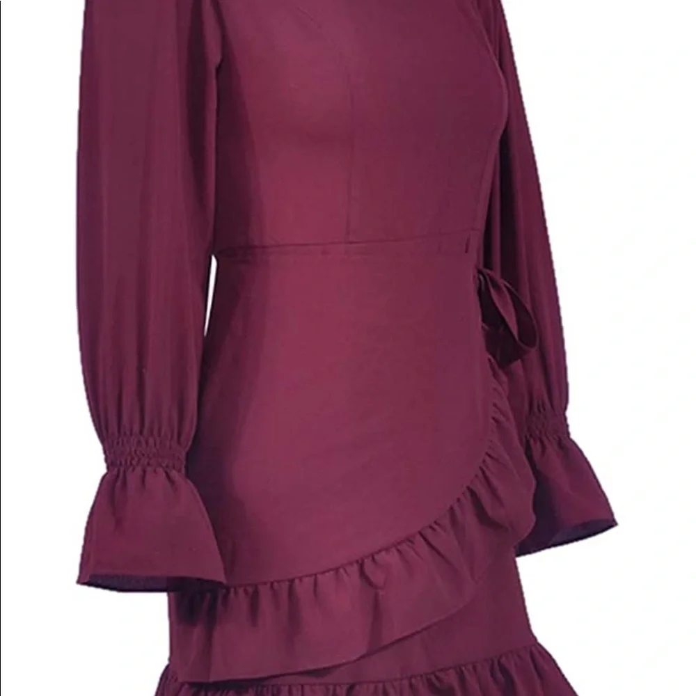2/$40 VDAY Women wine red ruffle front wrap dress long sleeve burgundy medium - Picture 8 of 11